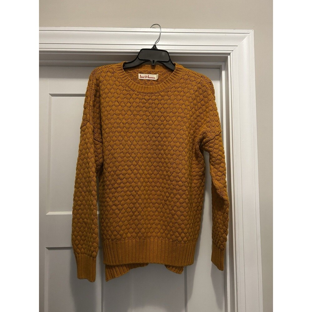 Love Hanna Pointelle Knit Sweater Women’s Size Small Mustard Yellow Gorp Nature